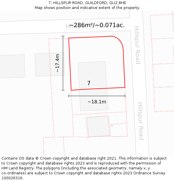 7, HILLSPUR ROAD, GUILDFORD, GU2 8HE: Plot and title map