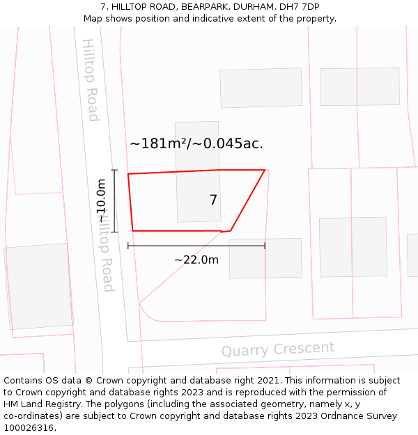 7, HILLTOP ROAD, BEARPARK, DURHAM, DH7 7DP: Plot and title map