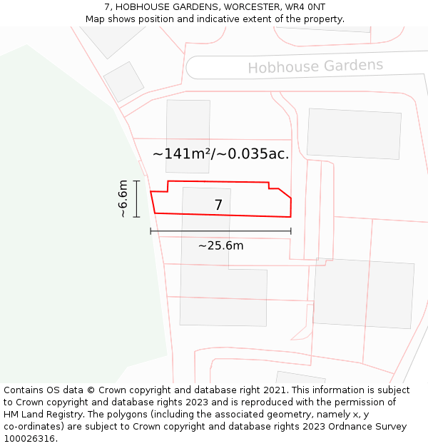 7, HOBHOUSE GARDENS, WORCESTER, WR4 0NT: Plot and title map