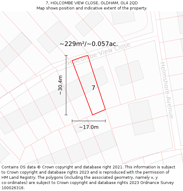 7, HOLCOMBE VIEW CLOSE, OLDHAM, OL4 2QD: Plot and title map