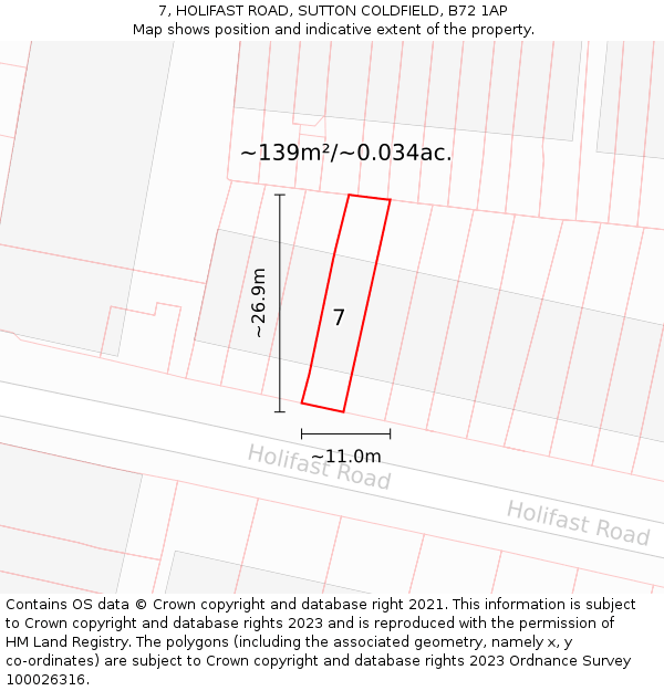 7, HOLIFAST ROAD, SUTTON COLDFIELD, B72 1AP: Plot and title map