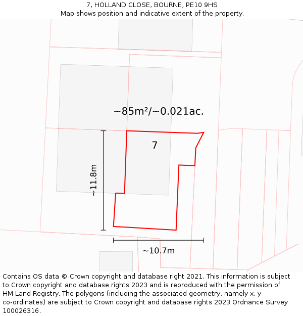 7, HOLLAND CLOSE, BOURNE, PE10 9HS: Plot and title map