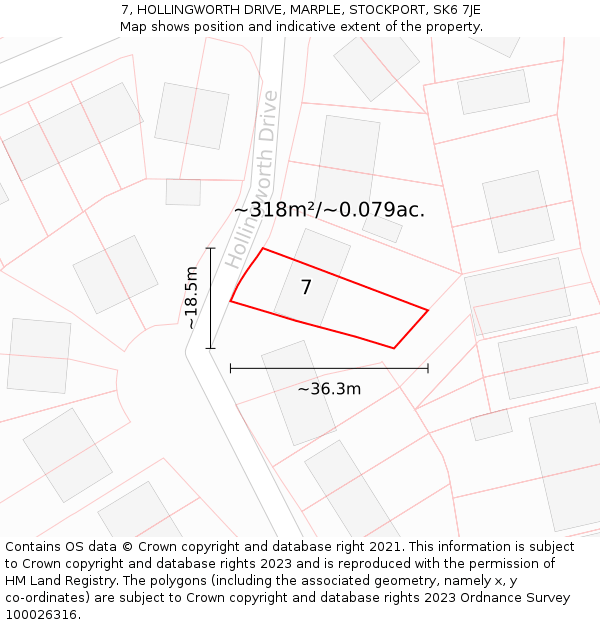 7, HOLLINGWORTH DRIVE, MARPLE, STOCKPORT, SK6 7JE: Plot and title map