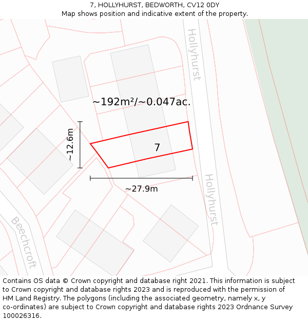 7, HOLLYHURST, BEDWORTH, CV12 0DY: Plot and title map