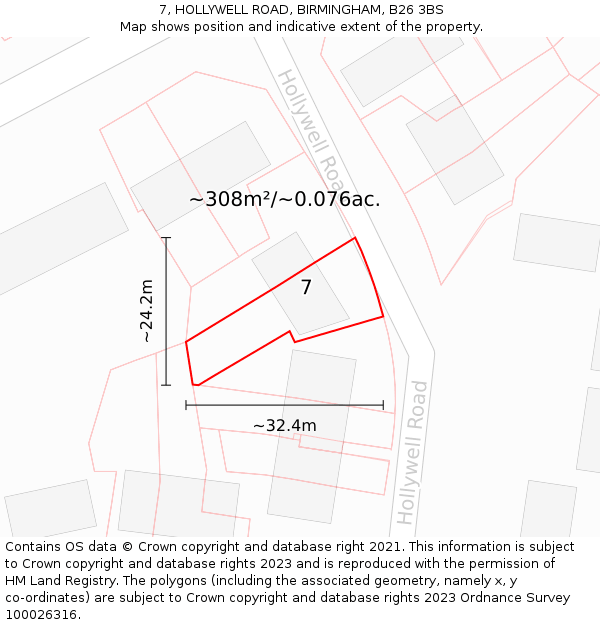 7, HOLLYWELL ROAD, BIRMINGHAM, B26 3BS: Plot and title map