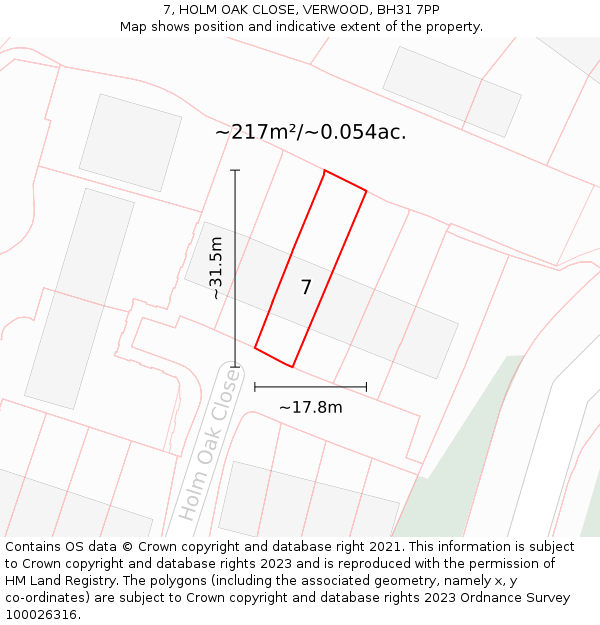 7, HOLM OAK CLOSE, VERWOOD, BH31 7PP: Plot and title map