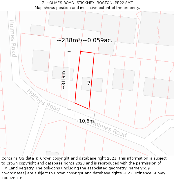 7, HOLMES ROAD, STICKNEY, BOSTON, PE22 8AZ: Plot and title map