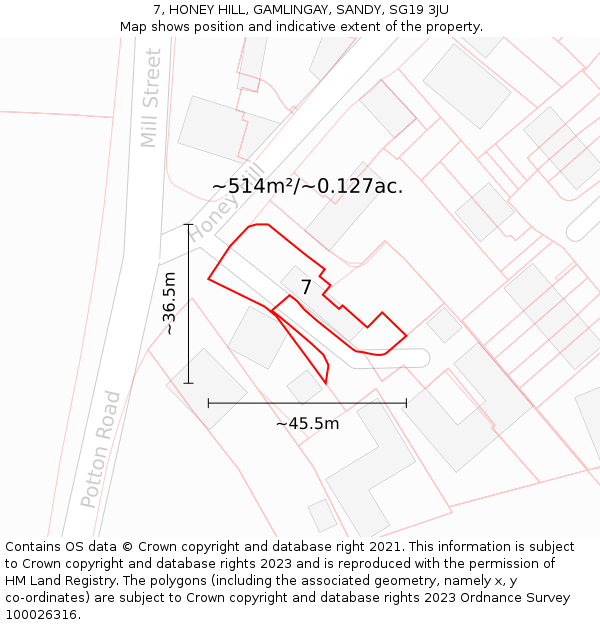 7, HONEY HILL, GAMLINGAY, SANDY, SG19 3JU: Plot and title map