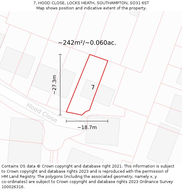 7, HOOD CLOSE, LOCKS HEATH, SOUTHAMPTON, SO31 6ST: Plot and title map