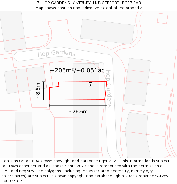 7, HOP GARDENS, KINTBURY, HUNGERFORD, RG17 9AB: Plot and title map