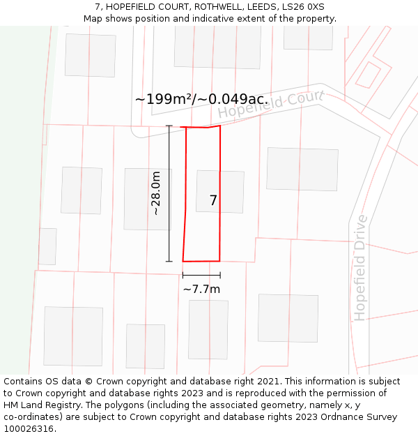 7, HOPEFIELD COURT, ROTHWELL, LEEDS, LS26 0XS: Plot and title map