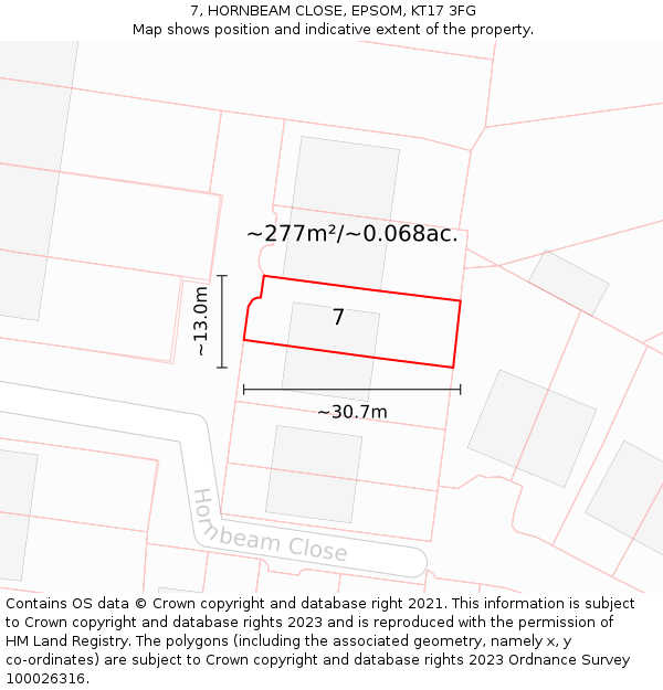 7, HORNBEAM CLOSE, EPSOM, KT17 3FG: Plot and title map