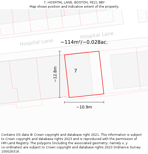 7, HOSPITAL LANE, BOSTON, PE21 9BY: Plot and title map