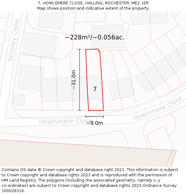 7, HOWLSMERE CLOSE, HALLING, ROCHESTER, ME2 1ER: Plot and title map