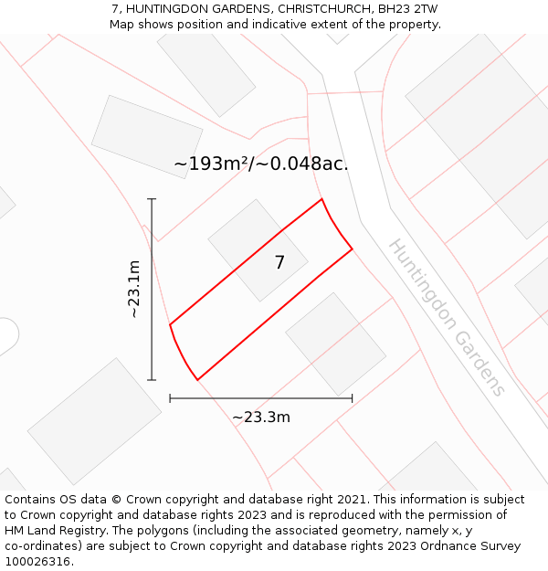 7, HUNTINGDON GARDENS, CHRISTCHURCH, BH23 2TW: Plot and title map