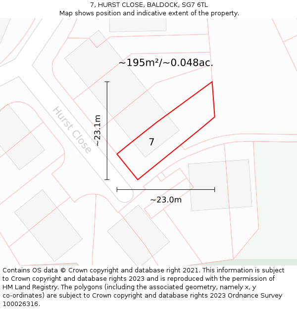 7, HURST CLOSE, BALDOCK, SG7 6TL: Plot and title map