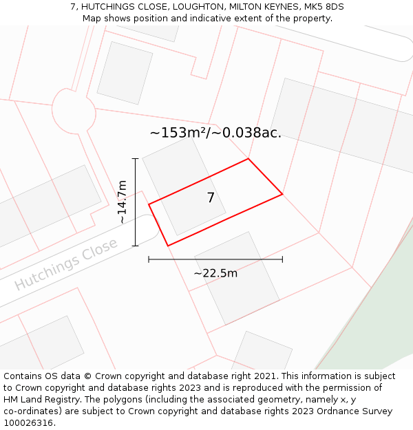 7, HUTCHINGS CLOSE, LOUGHTON, MILTON KEYNES, MK5 8DS: Plot and title map