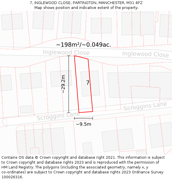 7, INGLEWOOD CLOSE, PARTINGTON, MANCHESTER, M31 4PZ: Plot and title map