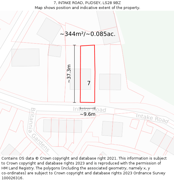 7, INTAKE ROAD, PUDSEY, LS28 9BZ: Plot and title map