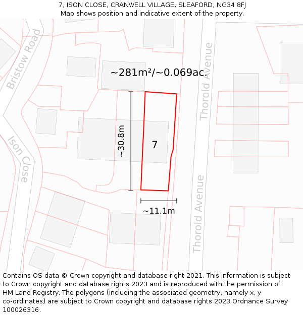 7, ISON CLOSE, CRANWELL VILLAGE, SLEAFORD, NG34 8FJ: Plot and title map