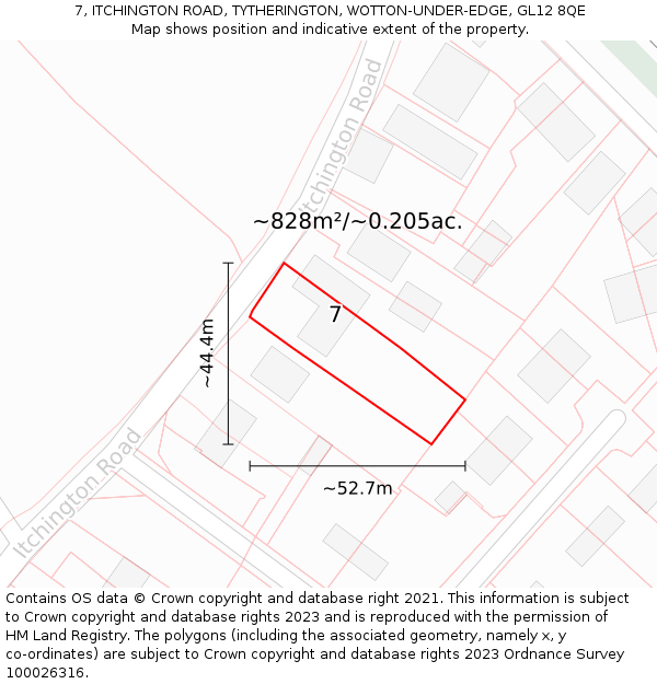 7, ITCHINGTON ROAD, TYTHERINGTON, WOTTON-UNDER-EDGE, GL12 8QE: Plot and title map