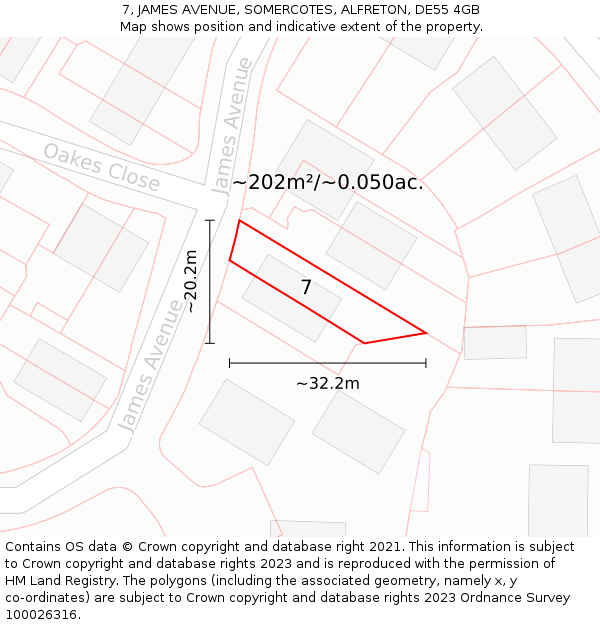 7, JAMES AVENUE, SOMERCOTES, ALFRETON, DE55 4GB: Plot and title map