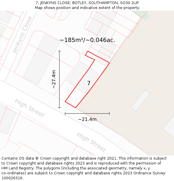 7, JENKYNS CLOSE, BOTLEY, SOUTHAMPTON, SO30 2UP: Plot and title map