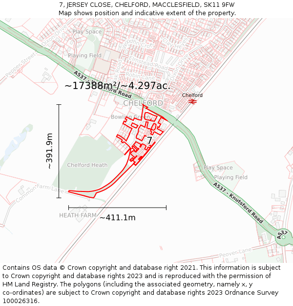 7, JERSEY CLOSE, CHELFORD, MACCLESFIELD, SK11 9FW: Plot and title map