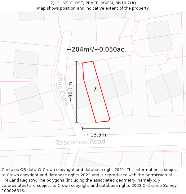 7, JOHNS CLOSE, PEACEHAVEN, BN10 7UQ: Plot and title map