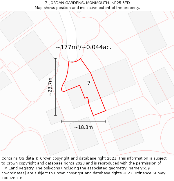 7, JORDAN GARDENS, MONMOUTH, NP25 5ED: Plot and title map