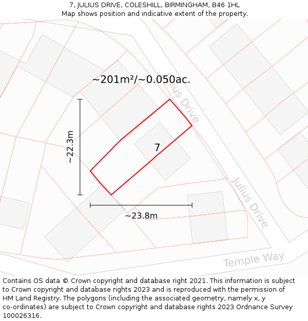 7, JULIUS DRIVE, COLESHILL, BIRMINGHAM, B46 1HL: Plot and title map