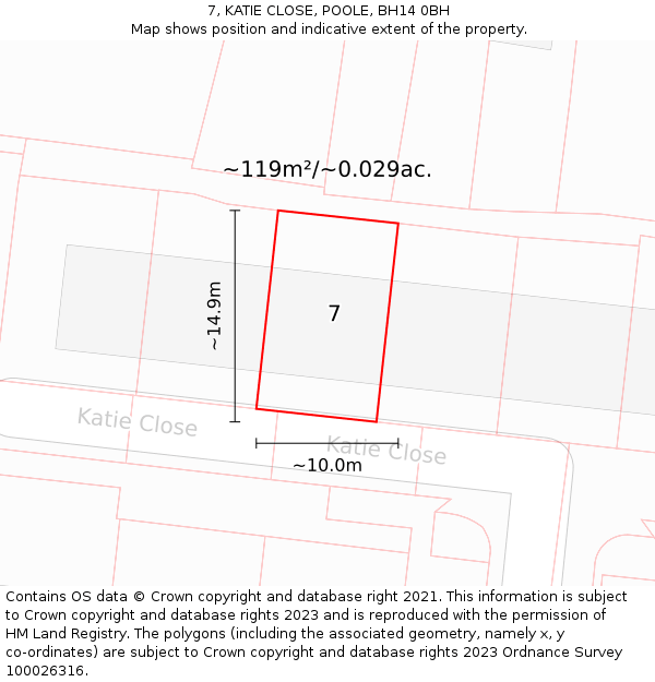 7, KATIE CLOSE, POOLE, BH14 0BH: Plot and title map