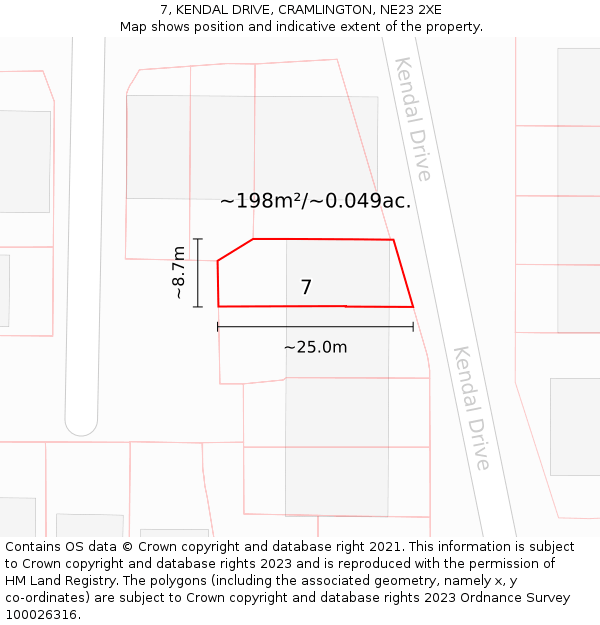 7, KENDAL DRIVE, CRAMLINGTON, NE23 2XE: Plot and title map