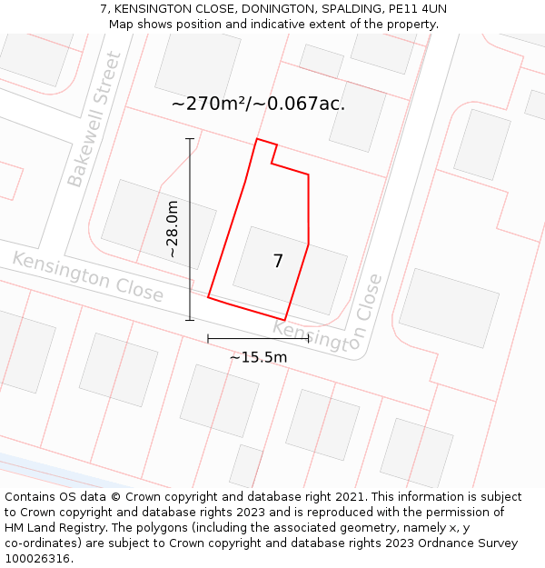 7, KENSINGTON CLOSE, DONINGTON, SPALDING, PE11 4UN: Plot and title map