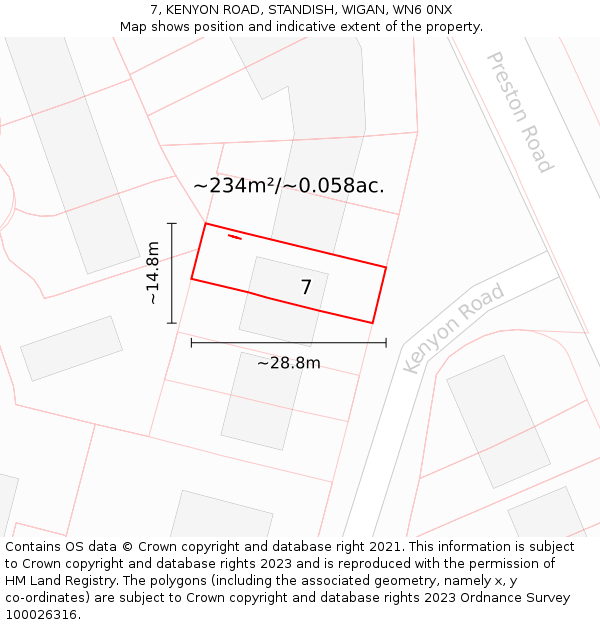 7, KENYON ROAD, STANDISH, WIGAN, WN6 0NX: Plot and title map