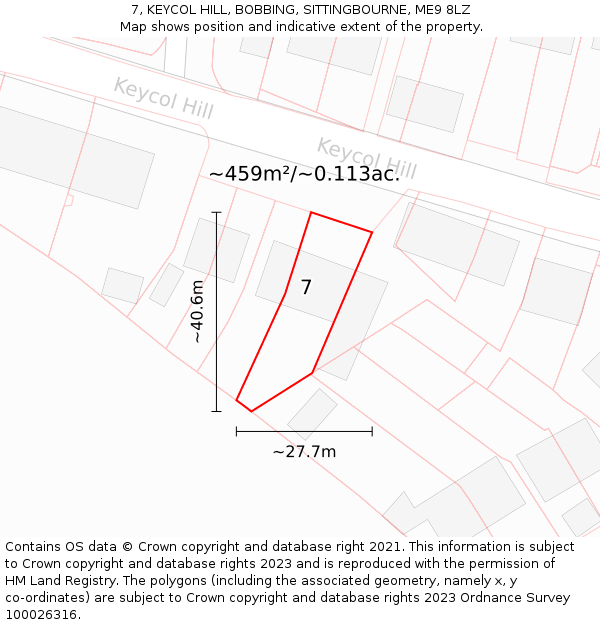 7, KEYCOL HILL, BOBBING, SITTINGBOURNE, ME9 8LZ: Plot and title map