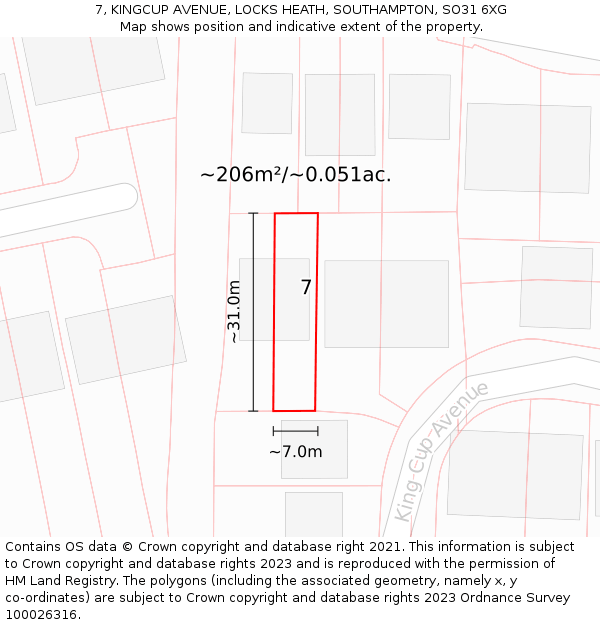 7, KINGCUP AVENUE, LOCKS HEATH, SOUTHAMPTON, SO31 6XG: Plot and title map