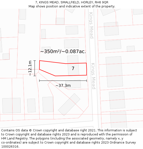 7, KINGS MEAD, SMALLFIELD, HORLEY, RH6 9QR: Plot and title map