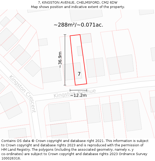 7, KINGSTON AVENUE, CHELMSFORD, CM2 6DW: Plot and title map