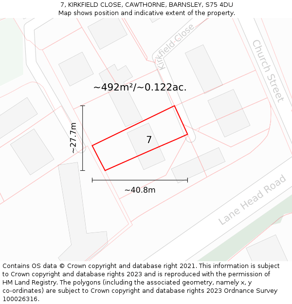 7, KIRKFIELD CLOSE, CAWTHORNE, BARNSLEY, S75 4DU: Plot and title map