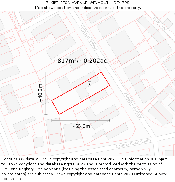 7, KIRTLETON AVENUE, WEYMOUTH, DT4 7PS: Plot and title map