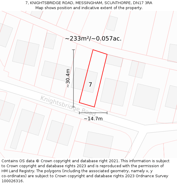 7, KNIGHTSBRIDGE ROAD, MESSINGHAM, SCUNTHORPE, DN17 3RA: Plot and title map