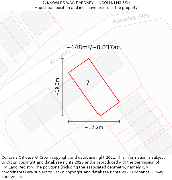 7, KNOWLES WAY, BARDNEY, LINCOLN, LN3 5SH: Plot and title map