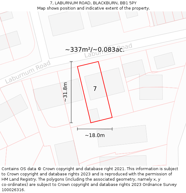 7, LABURNUM ROAD, BLACKBURN, BB1 5PY: Plot and title map