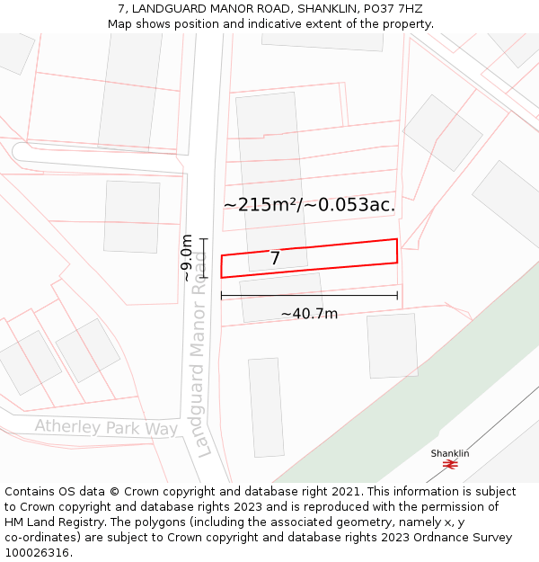 7, LANDGUARD MANOR ROAD, SHANKLIN, PO37 7HZ: Plot and title map