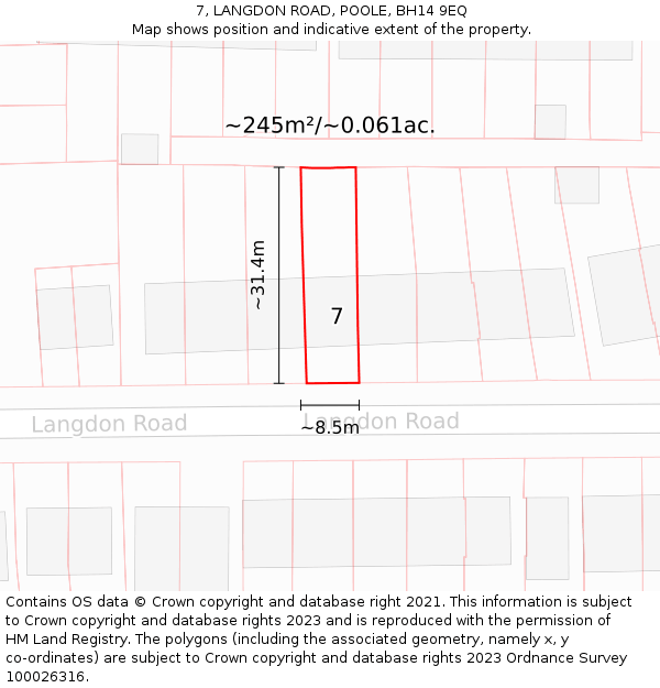 7, LANGDON ROAD, POOLE, BH14 9EQ: Plot and title map