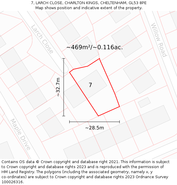 7, LARCH CLOSE, CHARLTON KINGS, CHELTENHAM, GL53 8PE: Plot and title map