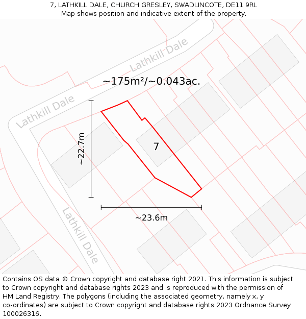 7, LATHKILL DALE, CHURCH GRESLEY, SWADLINCOTE, DE11 9RL: Plot and title map