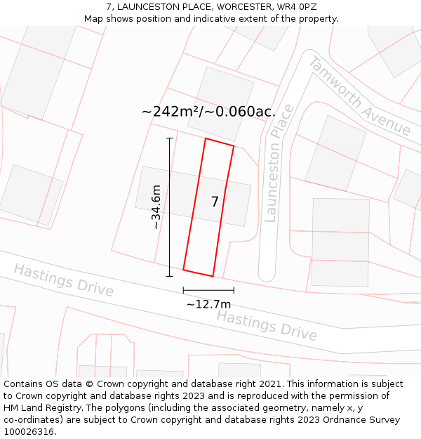 7, LAUNCESTON PLACE, WORCESTER, WR4 0PZ: Plot and title map