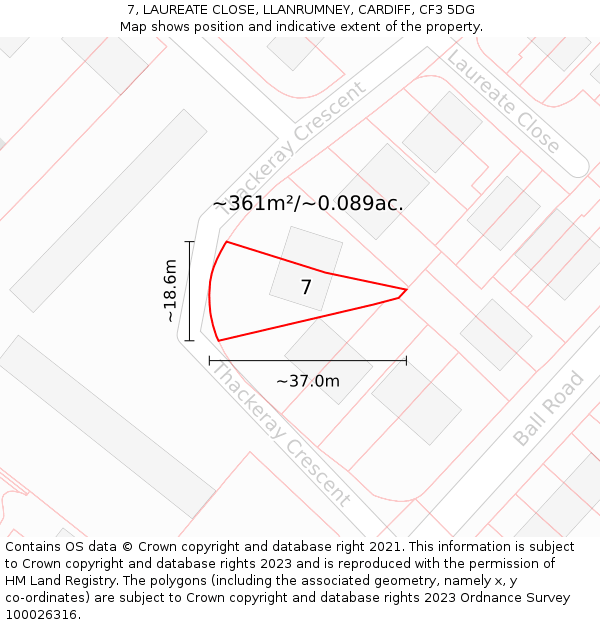 7, LAUREATE CLOSE, LLANRUMNEY, CARDIFF, CF3 5DG: Plot and title map